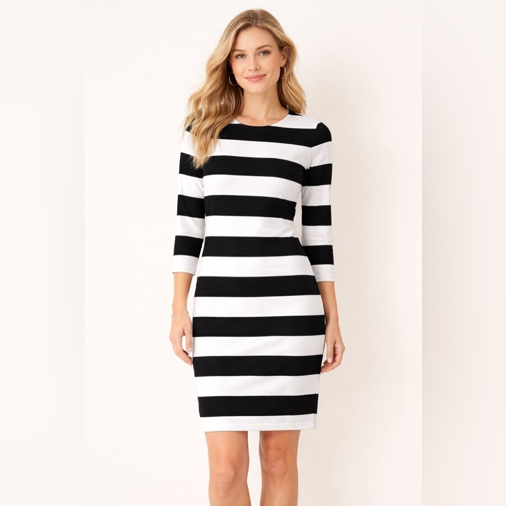 J.McLaughlin Black & White Striped Dress Size Small 3/4 Sleeve Pockets